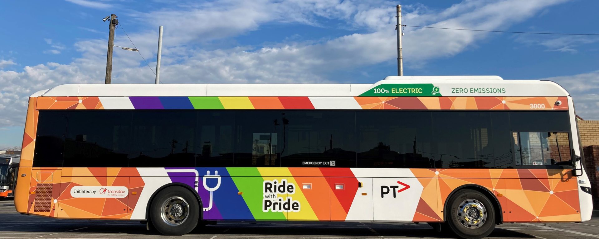Image of Pride themed electric bus in Melbourne