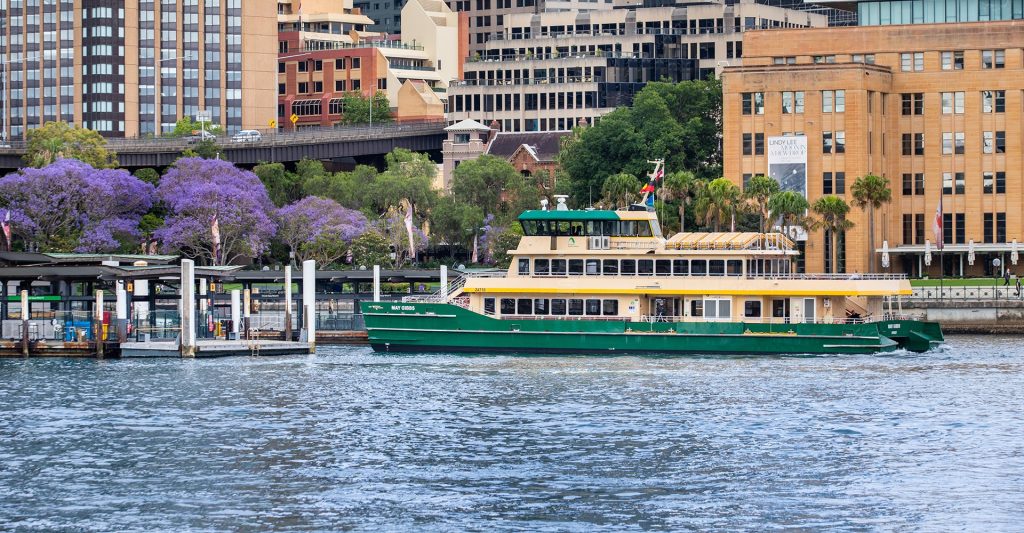 An Emerald vessel cruising in Sydney Harbour with buildings in the background