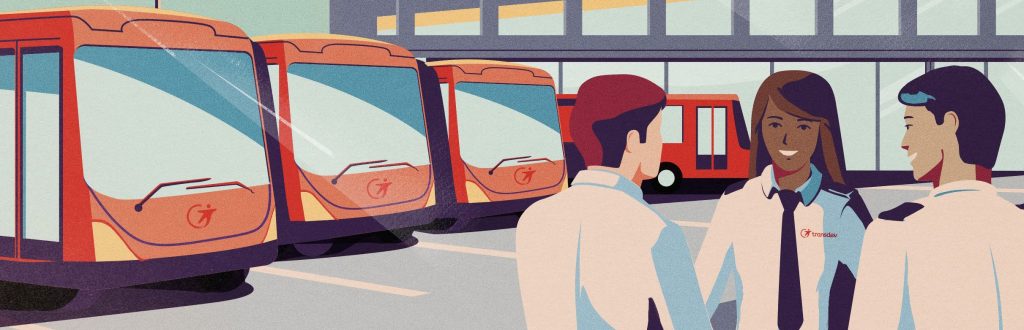 Illustration of Transdev employees at bus depot
