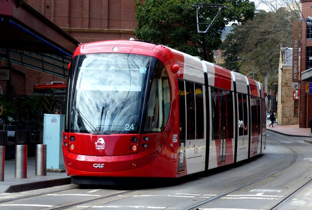 A Sydney Light Rail service travels pass Capitol Theatre near the centre of Sydney, Australia.