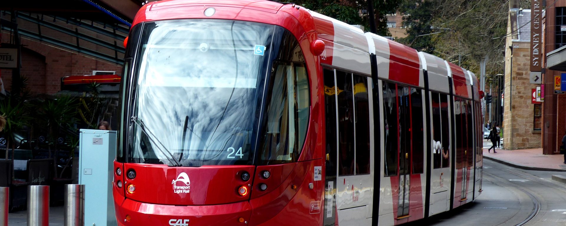 A Sydney Light Rail service travels pass Capitol Theatre near the centre of Sydney, Australia.