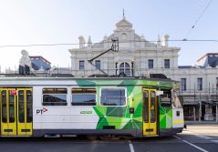 A Z-Class Tram passes Prahran Market in Melbourne, Australia.