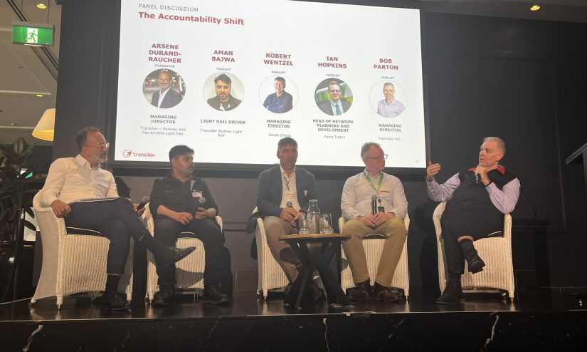 Close-up of the panel session at the Transdev Sydney Light Rail Public Safety Forum in 2025, panel featuring five speakers, including tram and bus representatives in conversation about leadership and safety culture.